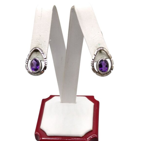 Vintage Sterling Silver and Amethyst Teardrop Stud Earrings, Estate Faceted Beze - Picture 10 of 13